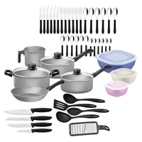 Kit 47 peças para Cozinha com Panelas Antiaderentes em Alumínio, Talheres, Facas e Utensílios Domésticos