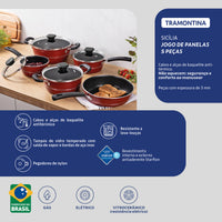 Jogo de Panelas Sicília em Alumínio com Revestimento Interno e Externo Antiaderente Starflon Excellent Vermelho 5 Peças