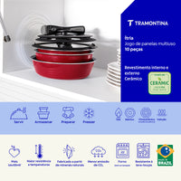 Jogo de Panelas Multiuso Itria em Alumínio com Revestimento Interno e Externo Cerâmico Vermelho 10 Peças