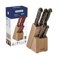 Jogo de Facas Polywood com Lâminas em Aço Inox e Cabos de Madeira Tratada Castanho com Suporte de Madeira 6 Peças