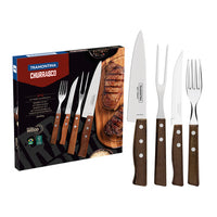 Jogo de Talheres para Churrasco com Lâminas de Aço Inox e Cabos de Madeira Natural 14 Peças