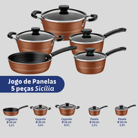 Jogo de Panelas Sicília em Alumínio com Revestimento Interno e Externo em Antiaderente Starflon Excellent Bronze 05 Peças