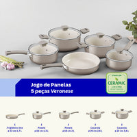 Jogo de Panelas Veronese em Alumínio Reciclado com Revestimento Interno Cerâmico e Externo Siliconado Bege 5 Peças.