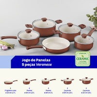 Jogo de Panelas Veronese em Alumínio Reciclado com Revestimento Interno Cerâmico e Externo Siliconado Argila 5 Peças.
