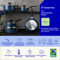 Jogo de Panelas Tunis em Alumínio com Revestimento Interno Cerâmico e Externo Siliconado Azul Mediterrâneo 5 Peças