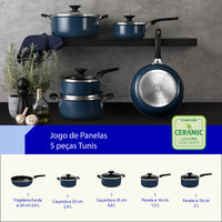 Jogo de Panelas Tunis em Alumínio com Revestimento Interno Cerâmico e Externo Siliconado Azul Mediterrâneo 5 Peças