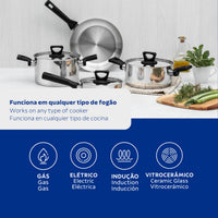 Jogo de Panelas Brava Baquelite em Aço Inox com Fundo Triplo e Cabos e Alças de Baquelite Preto 4 Peças