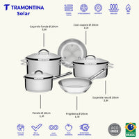 Jogo de Panelas Solar em Aço Inox com Fundo Triplo e Tampas de Inox 5 Peças
