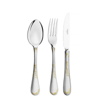 Faqueiro Renascença em Aço Inox com Facas de Mesa Detalhes em Ouro Acabamento Brilho e Fosco Estojo de Madeira 130 Peças