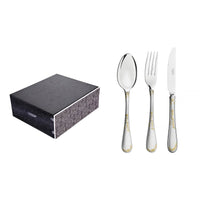 Faqueiro Renascença em Aço Inox com Facas de Mesa Detalhes em Ouro Acabamento Brilho e Fosco Estojo de Madeira 130 Peças