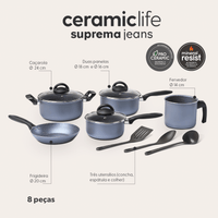 Jogo de Panelas Suprema Antiaderente Ceramic Life 8 Peças Jeans