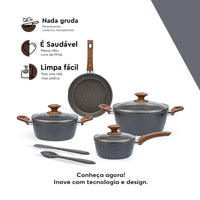 Jogo de Panelas Antiaderente Ceramic Life 6 Peças Marble Wood com Indução Cinza Escuro
