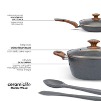 Jogo de Panelas Antiaderente Ceramic Life 6 Peças Marble Wood com Indução Cinza Escuro