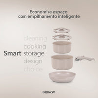 Jogo de Panelas Empilhável Fit 10 Peças Antiaderente Ceramic Life, Cabo Removível e Fundo de Indução - Areia