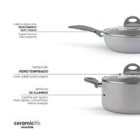 Jogo de Panelas Antiaderente Ceramic Life 7 Peças Marble Blend com Indução Cinza Claro